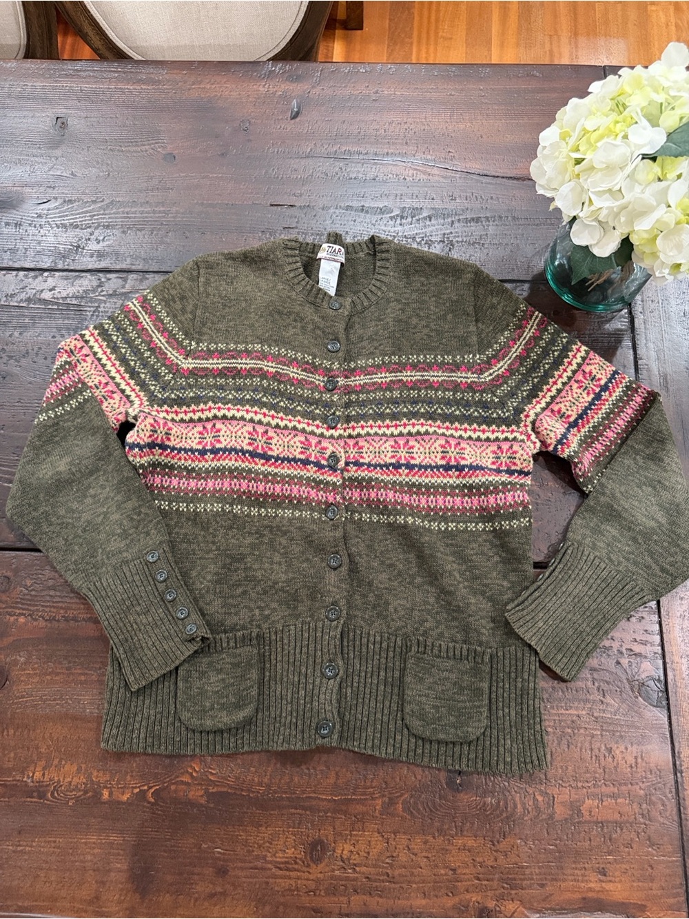 Vintage Tiara Fair Isle Cardigan Sweater Olive Green Pink Ramie Cotton Womens L